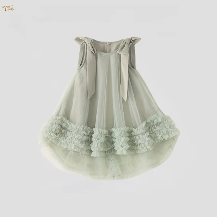 2025新款女童纯色连衣裙夏款日常蕾丝纱纱裙蝴蝶带无袖仙女公主裙