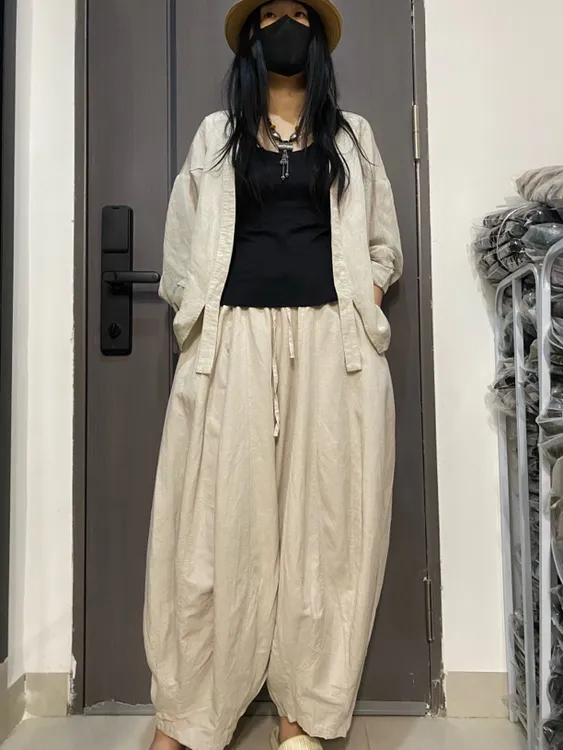 夏季新款透气舒适百搭汗麻砂洗做旧文艺女式灯笼长裤套装