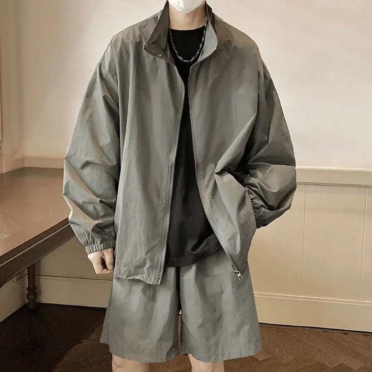 潮牌山系户外防晒衣套装男夏季薄款美式复古防晒服短裤运动两件套