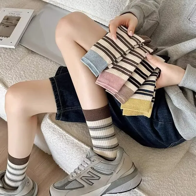 【10双装】秋冬季美拉德复古撞色条纹女袜四季中筒袜ins潮日系春款