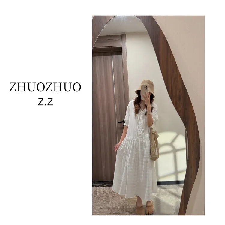 【ZHUOZHUO专属】“林涧栀子”法式中袖宽松系带小V领森系初恋连衣裙