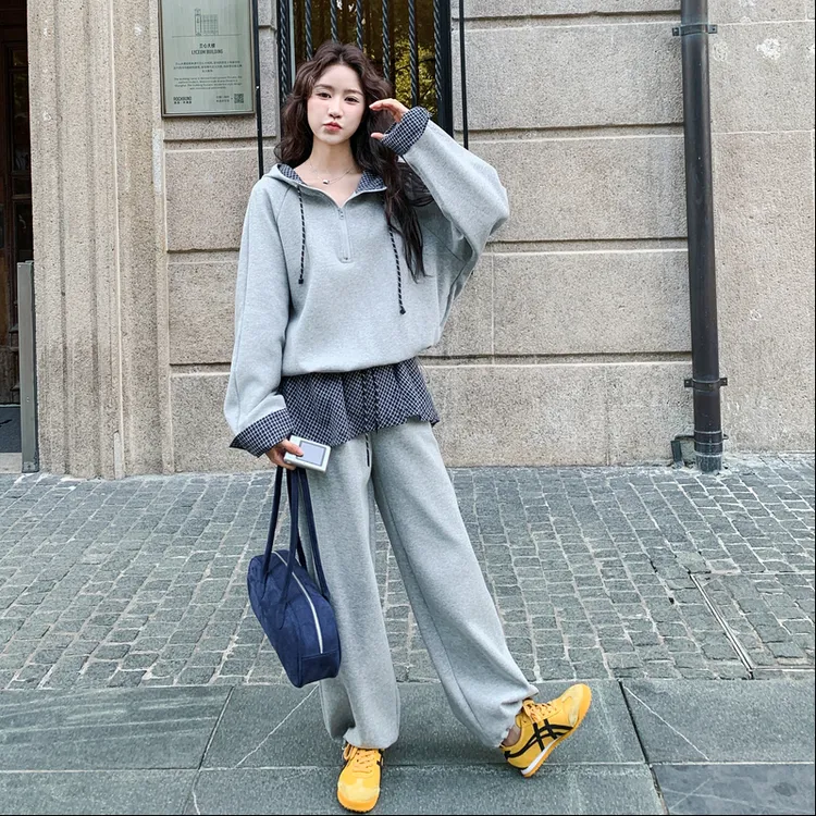 慵懒风减龄套装裙女2025新款早秋格纹拼接卫衣灰色休闲裤两件套