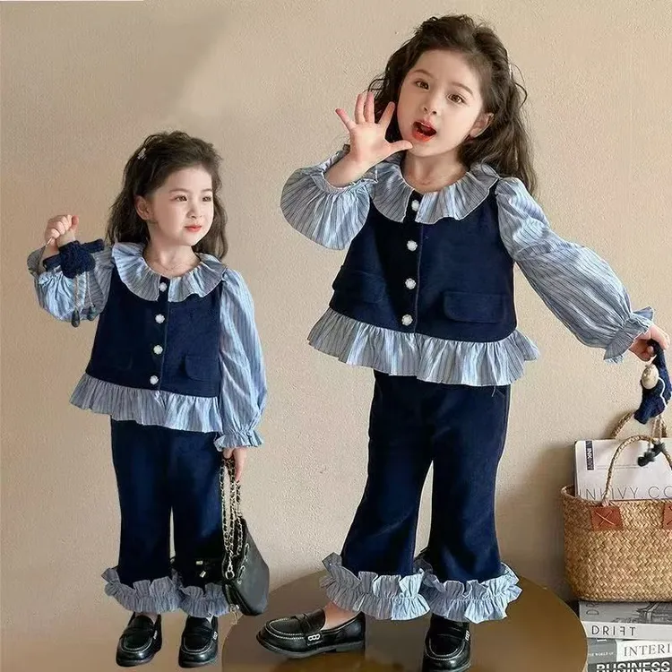 女童春秋款套装2025新款儿童洋气时髦宝宝学院风衬衫喇叭裤两件套
