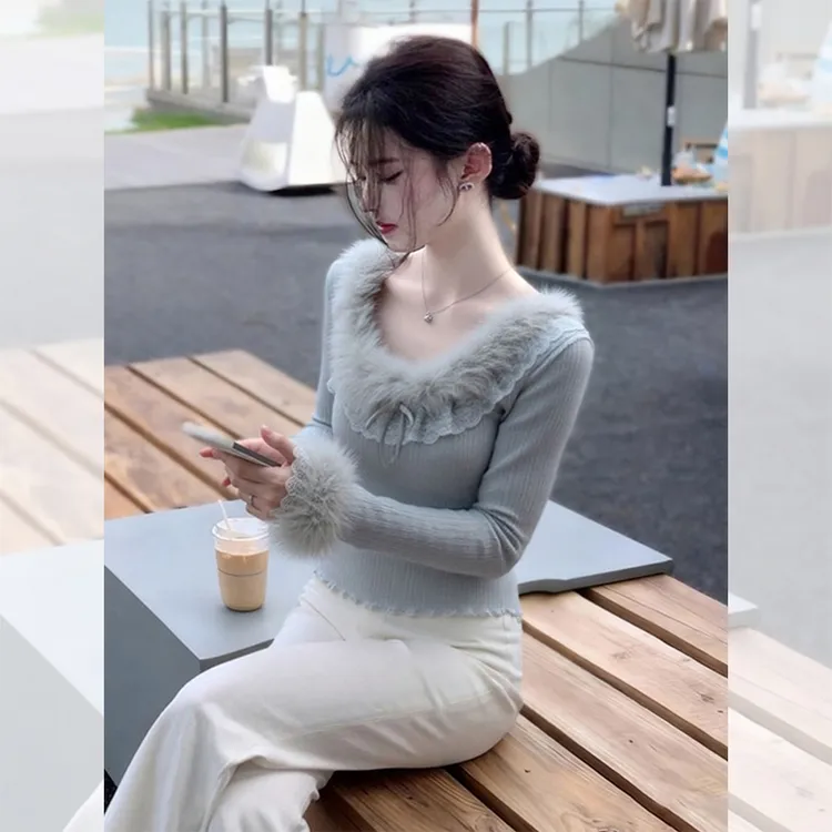 独特漂亮内搭蕾丝小衫灰色毛衣女冬季穿搭洋气高贵毛领针织衫上衣