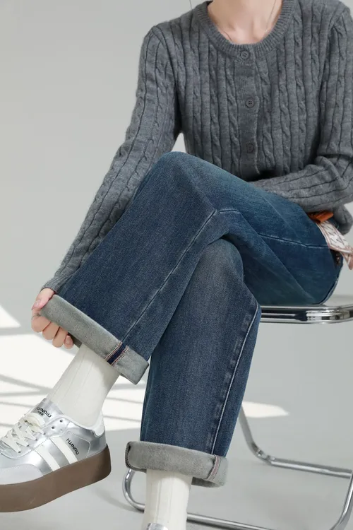 【9992-修容】秋冬新款加绒窄版直筒裤复古显瘦牛仔裤高腰女裤