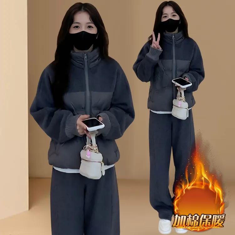 时尚运动套装女秋冬季新款棉服卫衣外套裤子宽松显瘦保暖两件套潮