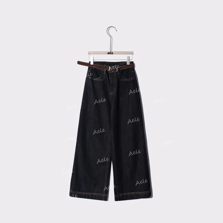 AELE复古时尚休闲高腰绣花边宽松百搭阔腿牛仔裤 K855 3300 AD