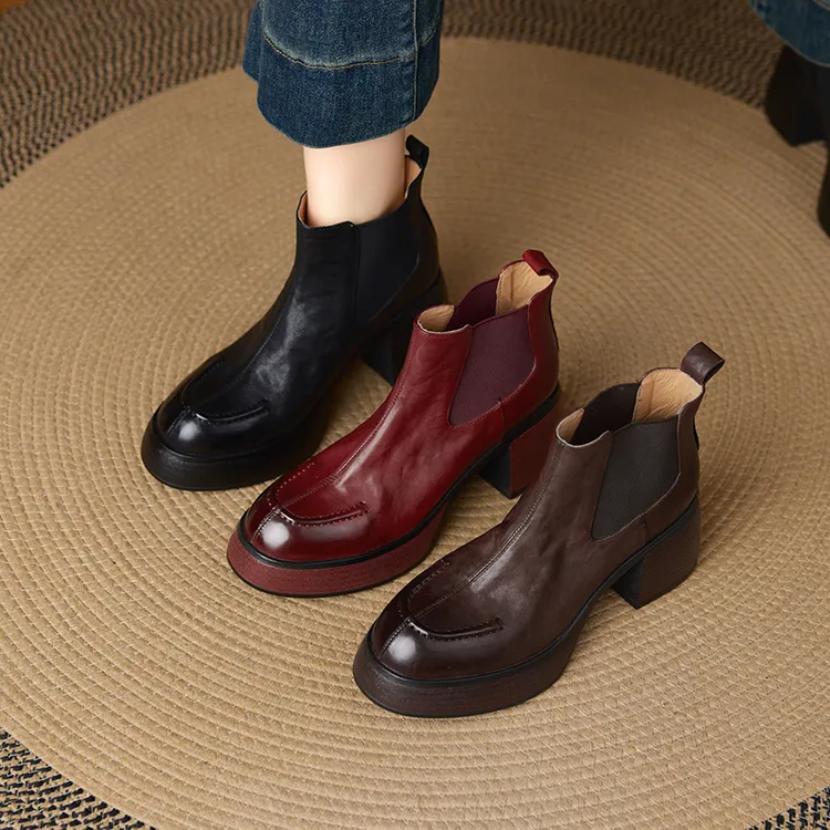 牛皮/7CM秋冬新款小个子复古厚底时尚增高圆头高跟粗跟靴