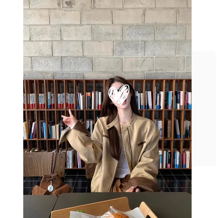 2025春季撞色皮衣韩系气质复古设计宽松时尚显瘦皮衣女外套
