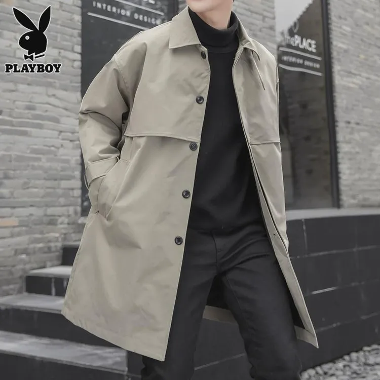 PLAYBOY花花公子冬季男士休闲潮流中长款百搭修身外套男士风衣翻