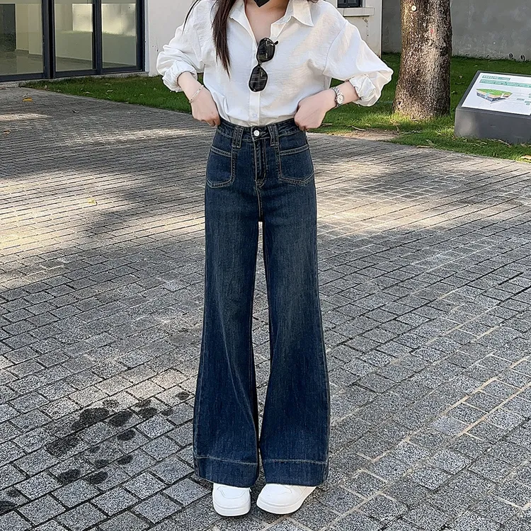 971复古不贴腿微喇牛仔裤女早秋新款高腰宽松拖地阔腿喇叭裤子女