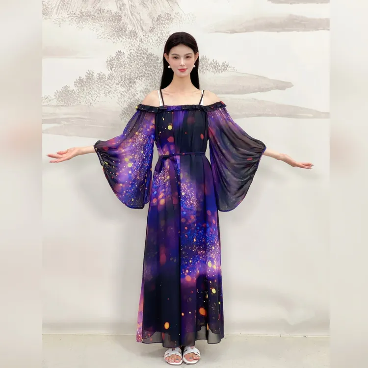 乔其纯真丝木耳边一字领七分袍袖可调节肩带印花嫣红连衣裙