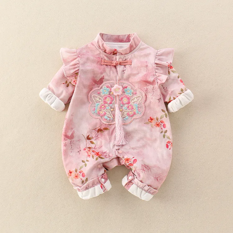 新中式婴儿秋季衣服双层花开富贵周岁女宝礼服满月百天婴幼儿春装