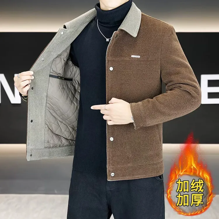 冬季男士加绒加厚仿貂绒夹克外套短款方领加厚休闲百搭