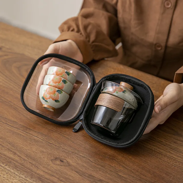 手绘快客杯陶瓷一壶三杯便捷式旅行功夫茶具套装户外喝茶商务礼品