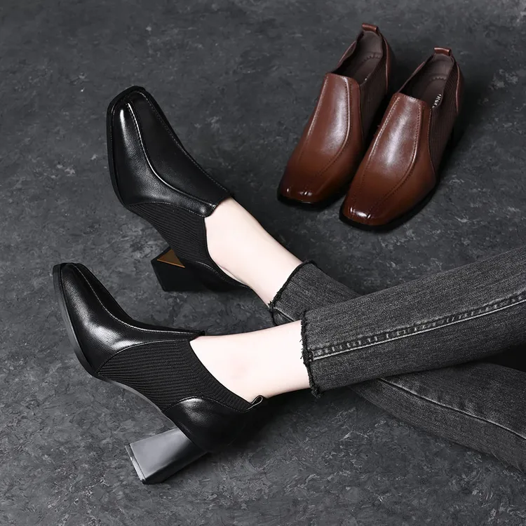 头层牛皮方头针织拼接深口单鞋25秋季新款粗跟中跟一脚蹬真皮女鞋