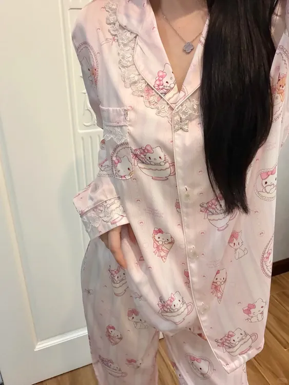 韩版甜美冰淇淋kitty冰丝睡衣女春秋2025新款套装大码家居服外穿