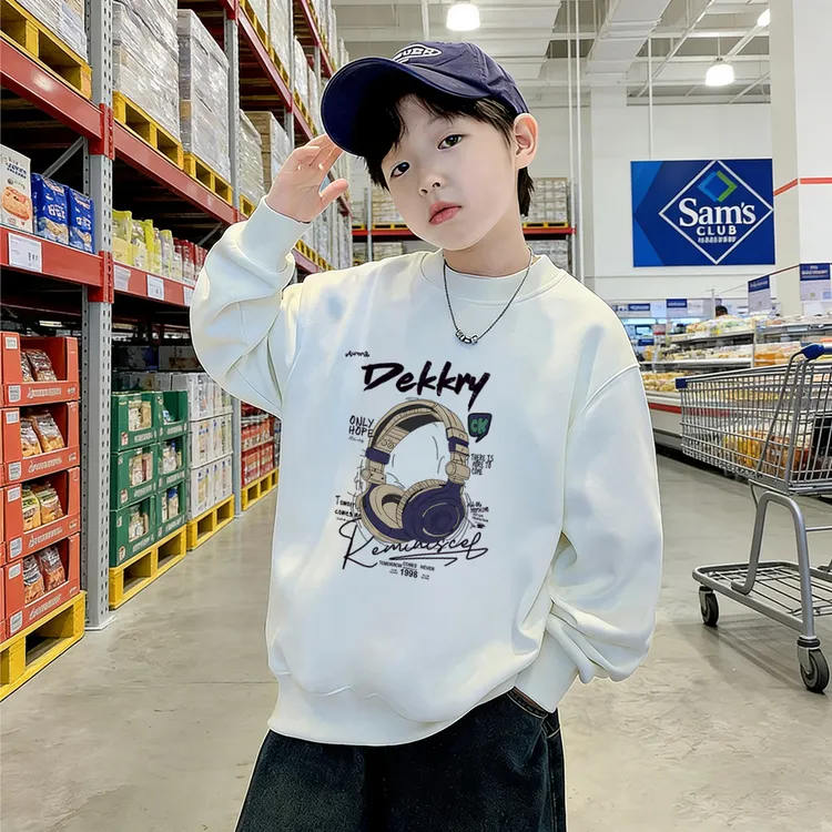 男孩宽松加绒无帽套头卫衣秋冬款男童加厚内搭长袖圆领印花上衣潮