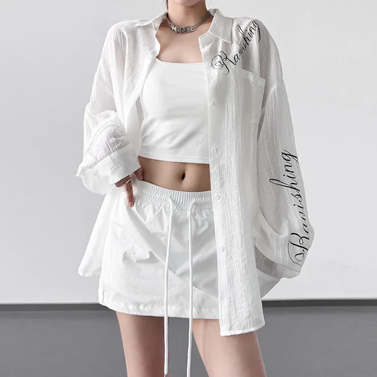 夏季新款白色衬衫女长袖防晒翻领法式宽松刺绣上衣外套薄款透气