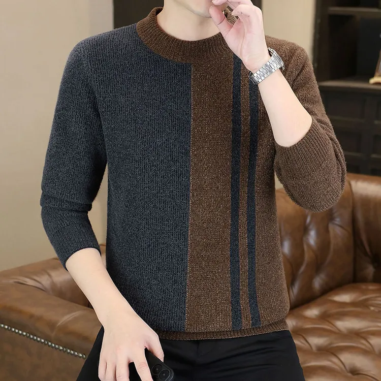 高档时尚撞色拼接加厚圆领毛衣男士冬季潮流针织打底衫男装6661