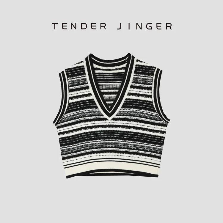 Tender Jinger【黑标】V领澳毛混纺条纹针织马甲T53FSS41438