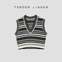 Tender Jinger【黑标】V领澳毛混纺条纹针织马甲T53FSS41438