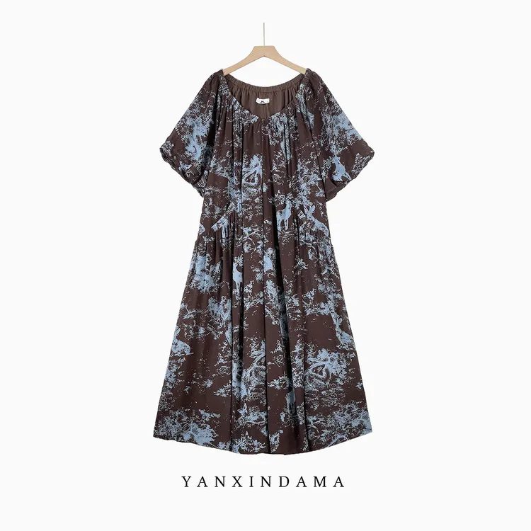 【岩心】大码女装300斤胖MM气质复古修身印花显瘦时尚碎花连衣裙150