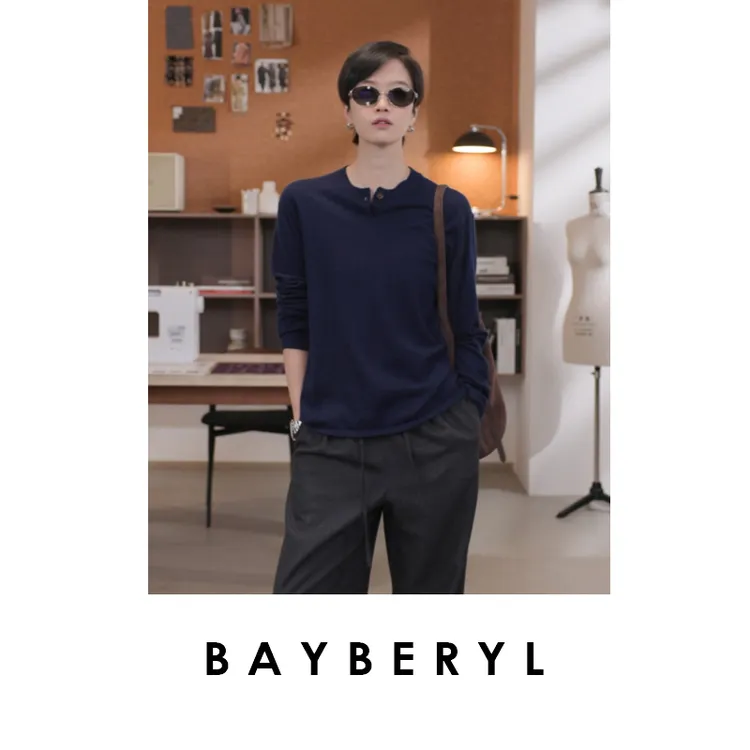 CC10-BAYBERYL老贝一粒扣柔软羊绒气质圆领百搭秋针织衫ZZS5I1003
