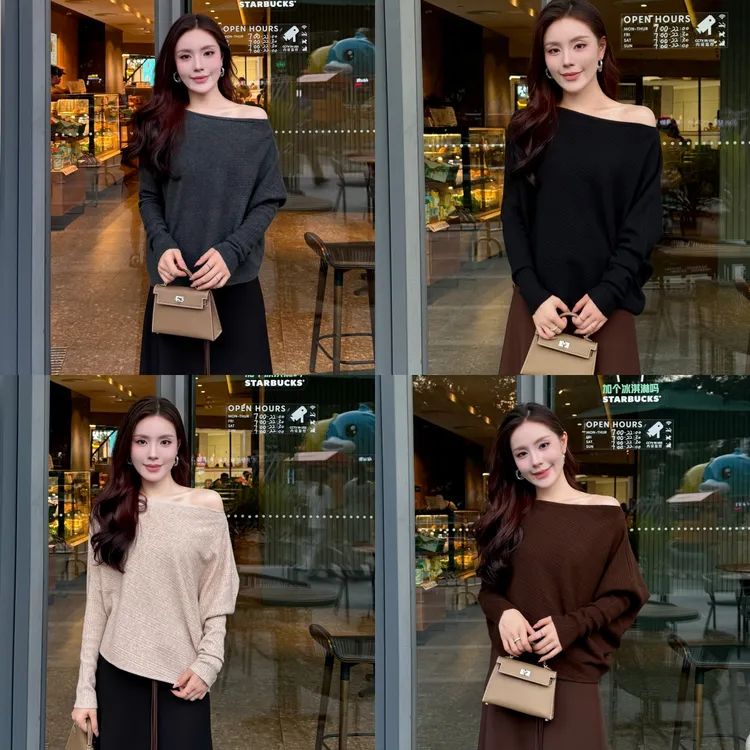 2025秋简约斜肩不规则下摆针织长袖上衣百搭显瘦毛衣