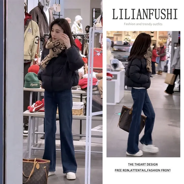 今年流行穿搭一整套2025新款长袖棉服外套显瘦阔腿牛仔裤两件套女