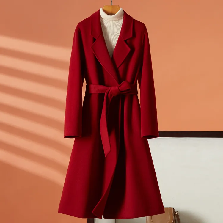 红色气质双面羊绒大衣女中长款洋气结婚高级感羊毛呢外套2025新款