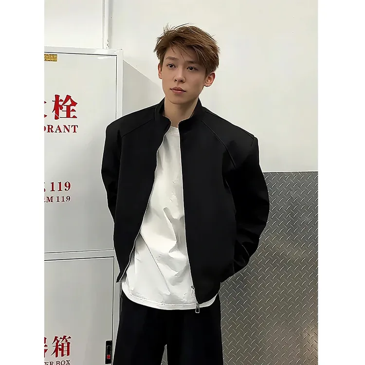 美式cleanfit正肩立领夹克男款秋季垫肩短款外套痞帅高级感棒球服