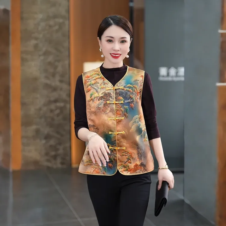 国风印花工字型款马夹女装时尚外穿盘口女外搭中国风中式妈妈马甲