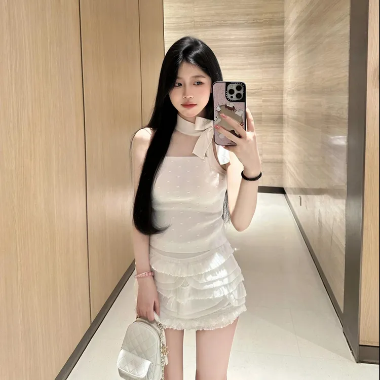 韩系甜美少女2025夏季新款性感网纱拼接蝴蝶结背心上衣配短裙套装