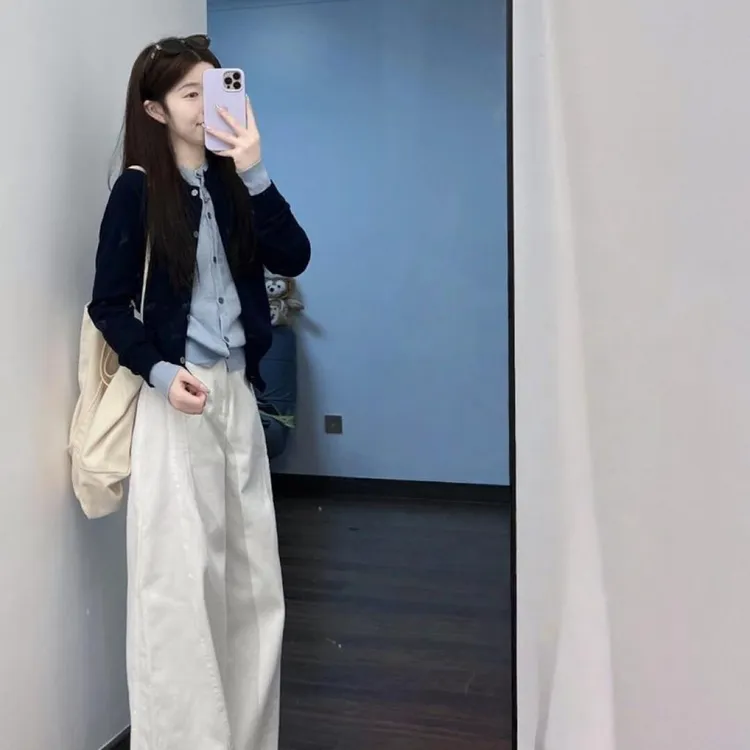 【微风午后】秋季时尚假两件针织开衫气质甜美白色直筒牛仔裤两件套