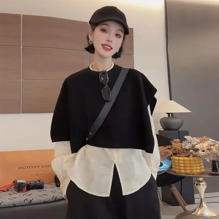 韩系减龄女士圆领披肩2025秋季大码胖MM独特别致高级宽松黑色外搭