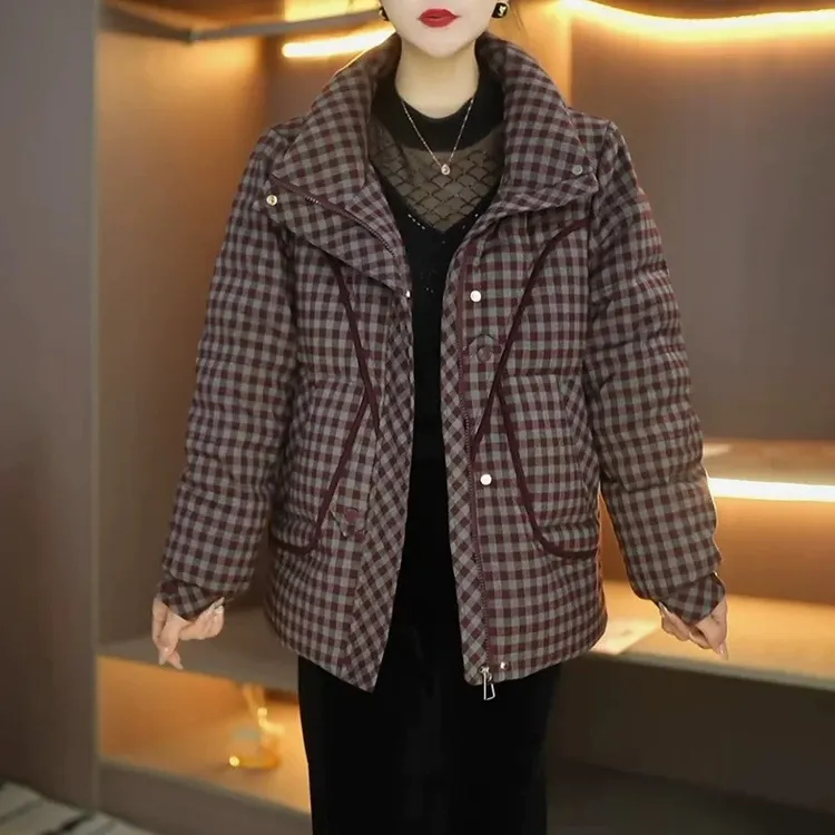 新秋冬复古格纹保暖棉服上衣女时尚新款女装C洋气立领短款外套