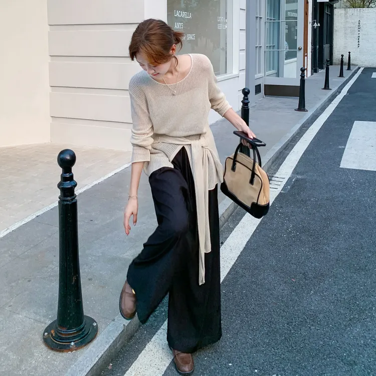 韩系简约气质穿搭套装女2025秋季设计感收腰针织上衣阔腿裤两件套