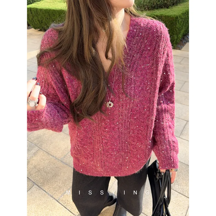 应小姐【闪耀星】微胖大码秋冬显瘦鸡心领加厚华丽长袖珠片毛针织衫