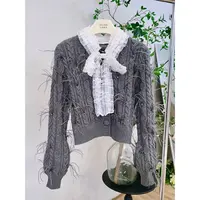 丨早秋新款灰色拉毛撞色设计感时尚甜美风针织开衫 1144