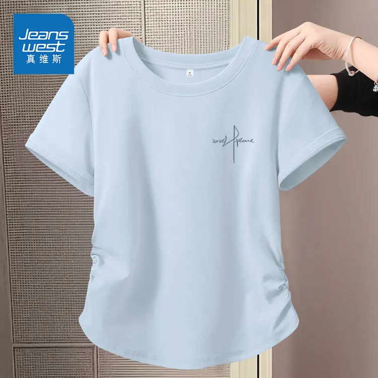 真维斯运动系列蓝色正肩短袖t恤女夏季2025新款抽褶收腰短款上衣