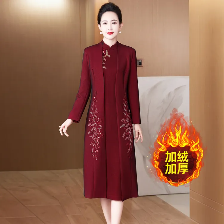 冬季妈妈婚礼装加绒加厚套装红色中式喜婆婆婚礼服装外套婚宴礼服
