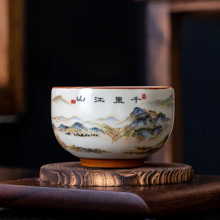千里江山高档陶瓷铜钱主人杯复古中式品茗禅定杯大号品茗杯茶杯