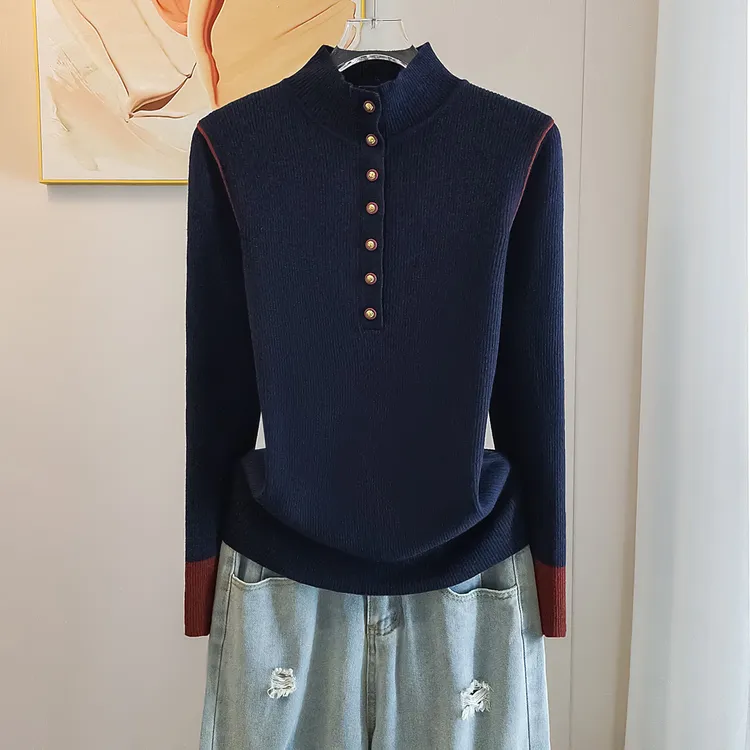 遮肚显瘦【80-180斤】半高领纽扣打底衫毛衣女秋冬修身洋气拼色上衣