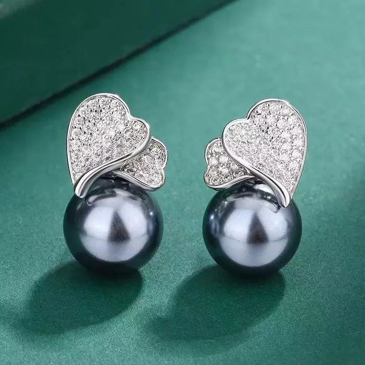 铜合金合成锆石耳饰 新款吊坠镶钻仿珍珠耳环复古心形耳钉项链女