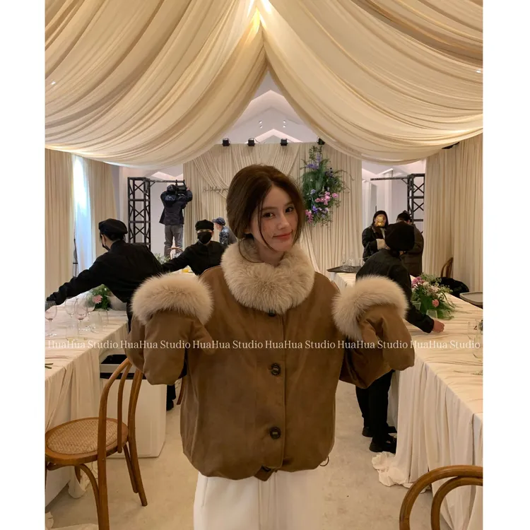 【花花】焦糖司康~可拆卸手套真狐狸毛皮草90白鸭绒内胆羽绒服