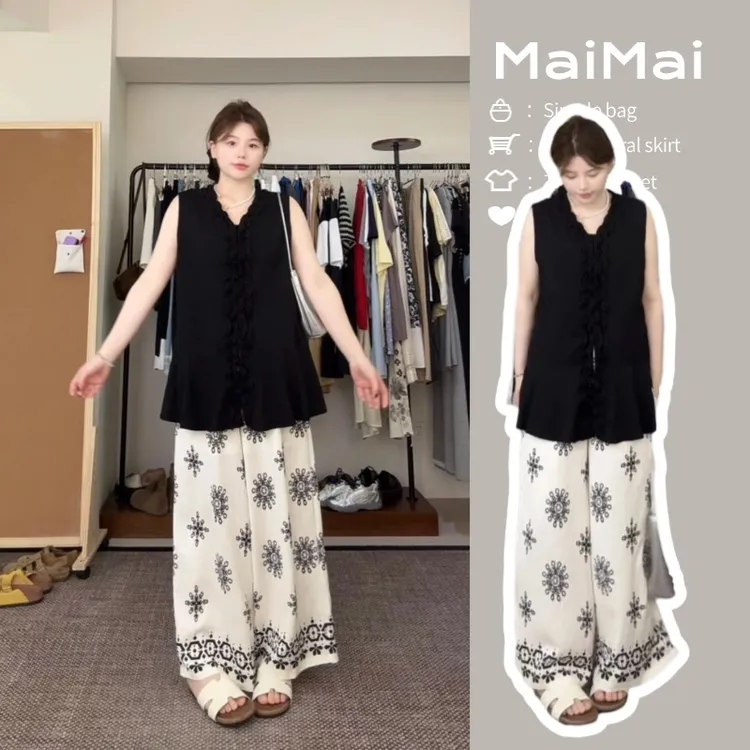 大码女装夏季韩系简约高级感黑色无袖上衣气质百搭碎花半身裙套装