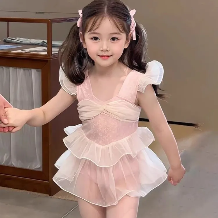 女童泳衣夏季新款儿童粉色可爱甜美温泉服小女孩速干连体游泳衣