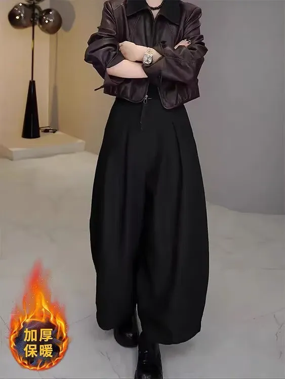 黑色加绒加厚花苞裤女秋冬2025新款高腰简约宽松时尚气质阔腿裤子