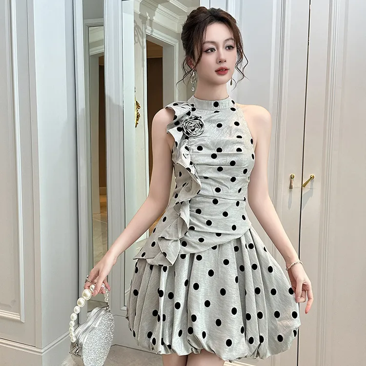 miu系千金穿搭法式超好看波点荷叶边收腰连衣裙气质蓬蓬裙65314